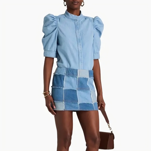 Frame Denim Dresses & Skirts - Frame The 70s Patchwork Blue Denim Mini Skirt Raw Hem Womens Size 8